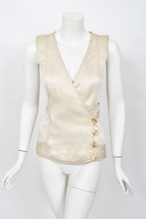 1973 Bill Gibb Couture Embroidered Ivory Satin Mutton-Sleeve Jacket & Vest
