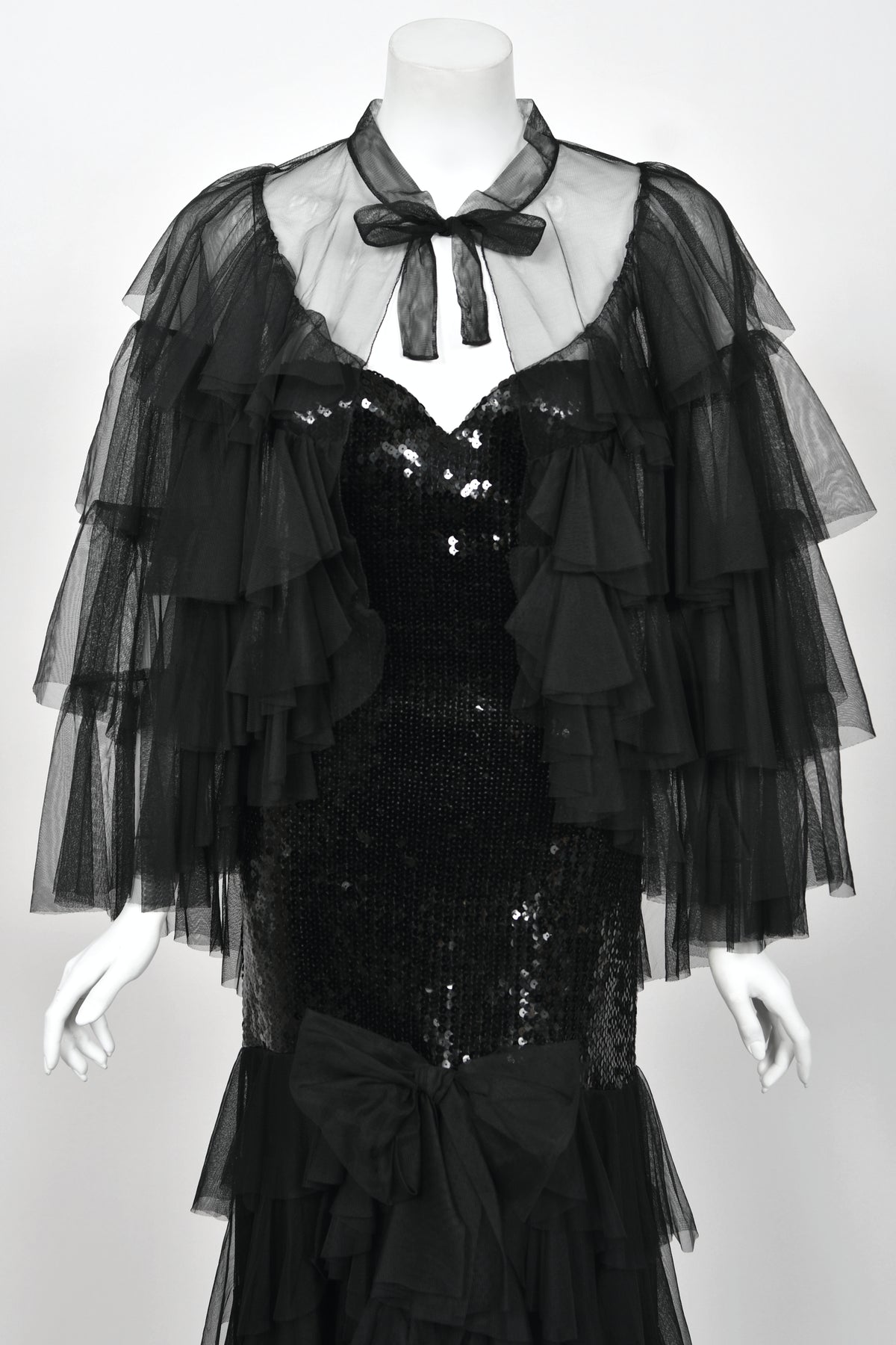 1978 Loris Azzaro Couture Black Sequin Strapless Tiered-Ruffle Gown & Sheer Capelet