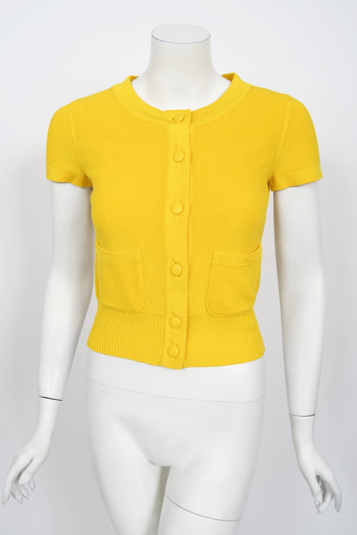 1996 Chanel by Karl Lagerfeld Runway Yellow Knit Cropped Sweater Set
