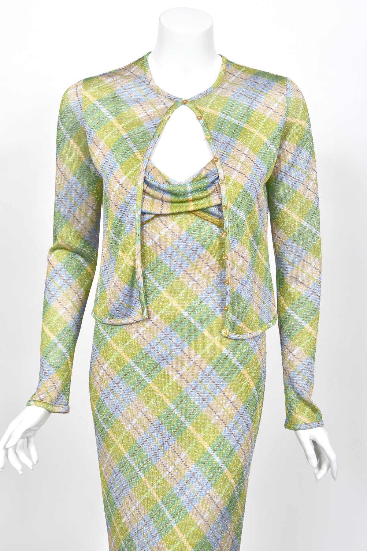 2000 John Galliano Metallic Plaid Lurex Knit Bias-Cut Maxi Dress w/ Matching Cardigan