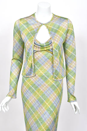 2000 John Galliano Metallic Plaid Lurex Knit Bias-Cut Maxi Dress w/ Matching Cardigan