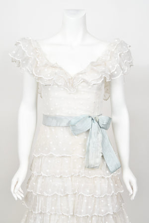 1975 Chanel Haute Couture White Dotted Organza Off-Shoulder Tiered Ruffle Gown