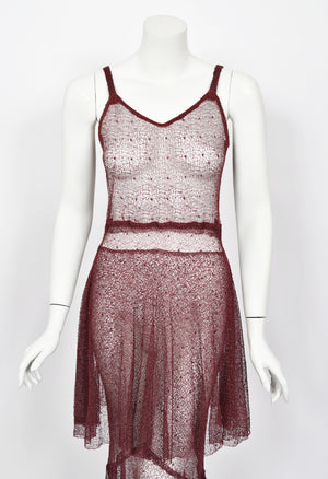 1930's French Sheer Burgundy Lace Tiered Bias-Cut Gown & Matching Capelet