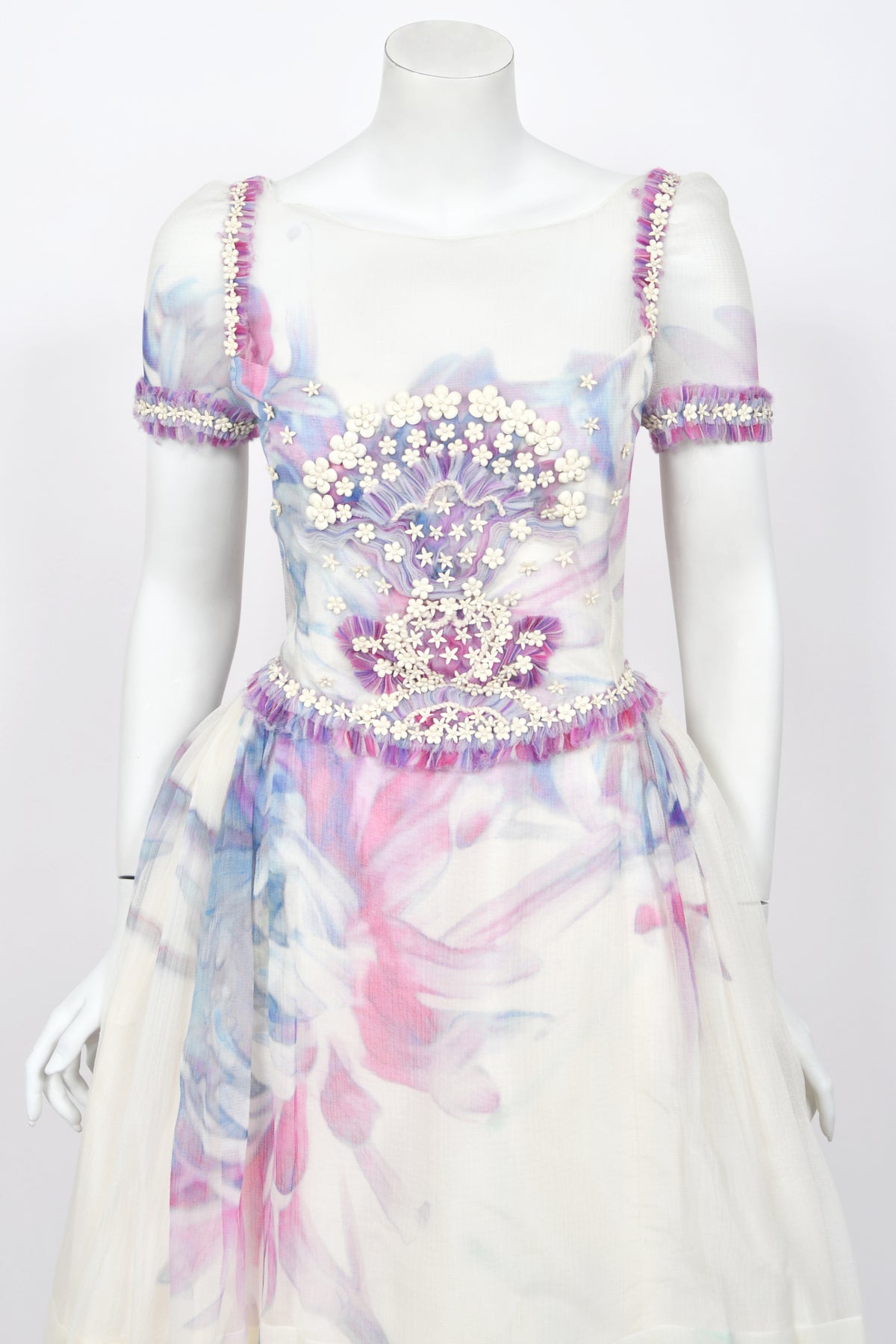 2013 Chanel by Karl Lagerfeld Cruise Collection Beaded Ivory Floral Silk Mini Dress w/Tags