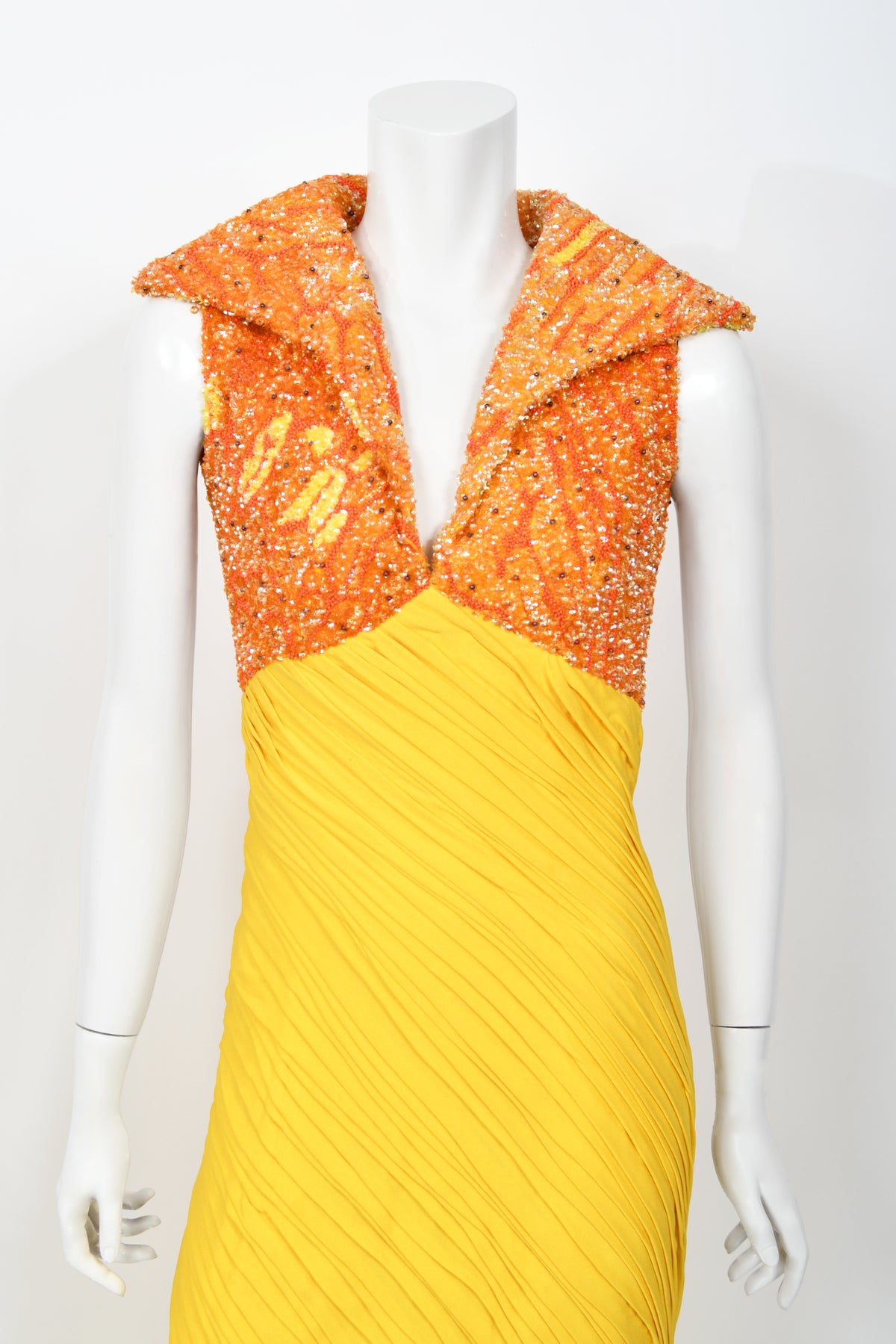 1968 La Mendola Heavily Pleated Yellow Silk-Jersey Beaded Glamour Gown