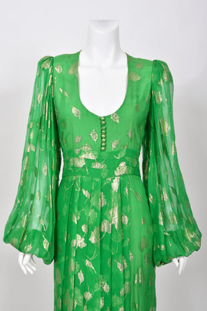 1974 Thea Porter Couture Metallic Green Sheer Silk Billow-Sleeve Maxi Dress