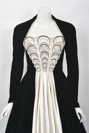 1952 Nina Ricci Haute Couture Documented Ivory Beaded Satin & Black Velvet Gown