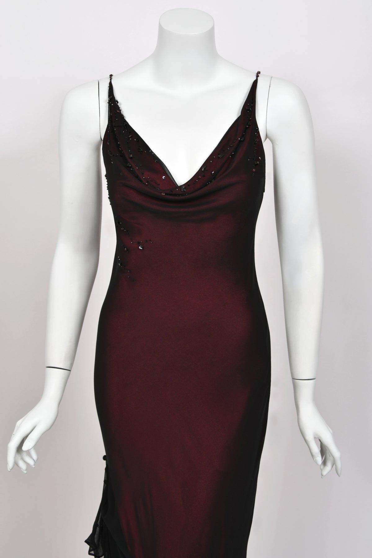 2000 John Galliano Beaded Black Sheer Silk Chiffon & Red Satin Draped Bias-Cut Gown