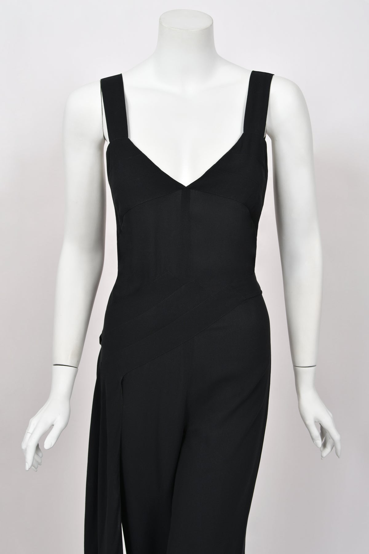 1999 Chanel by Karl Lagerfeld Runway Black Crepe Low-Plunge Draped Sash Jumpsuit