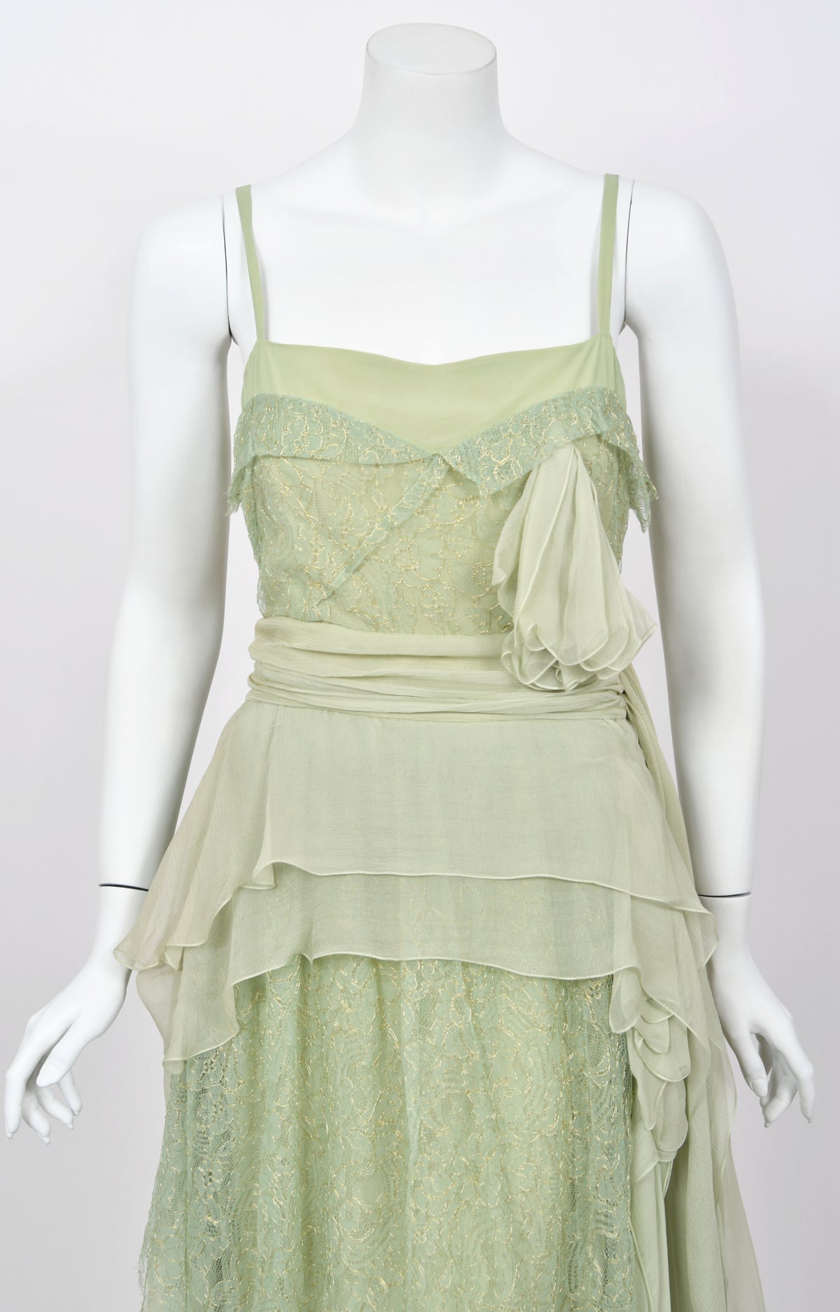 2007 John Galliano Metallic Mint-Green Lace &amp; Sheer Silk Tiered Ethereal Gown w/Tags