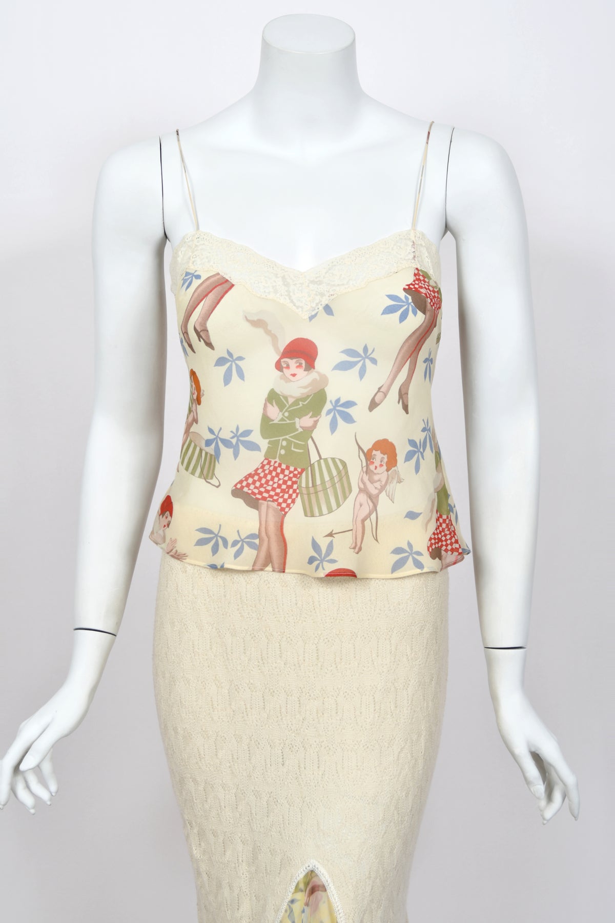 2004 John Galliano 'Cherubs & Flappers' Whimsical Print Silk Camisole & Cashmere Knit Bias-Cut Skirt Set