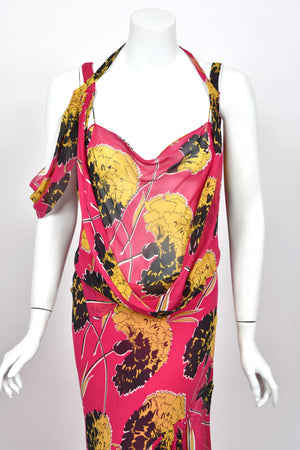 2005 John Galliano 'Renee Collection' Shocking Pink Large Scale Floral Silk Bias-Cut Trained Gown