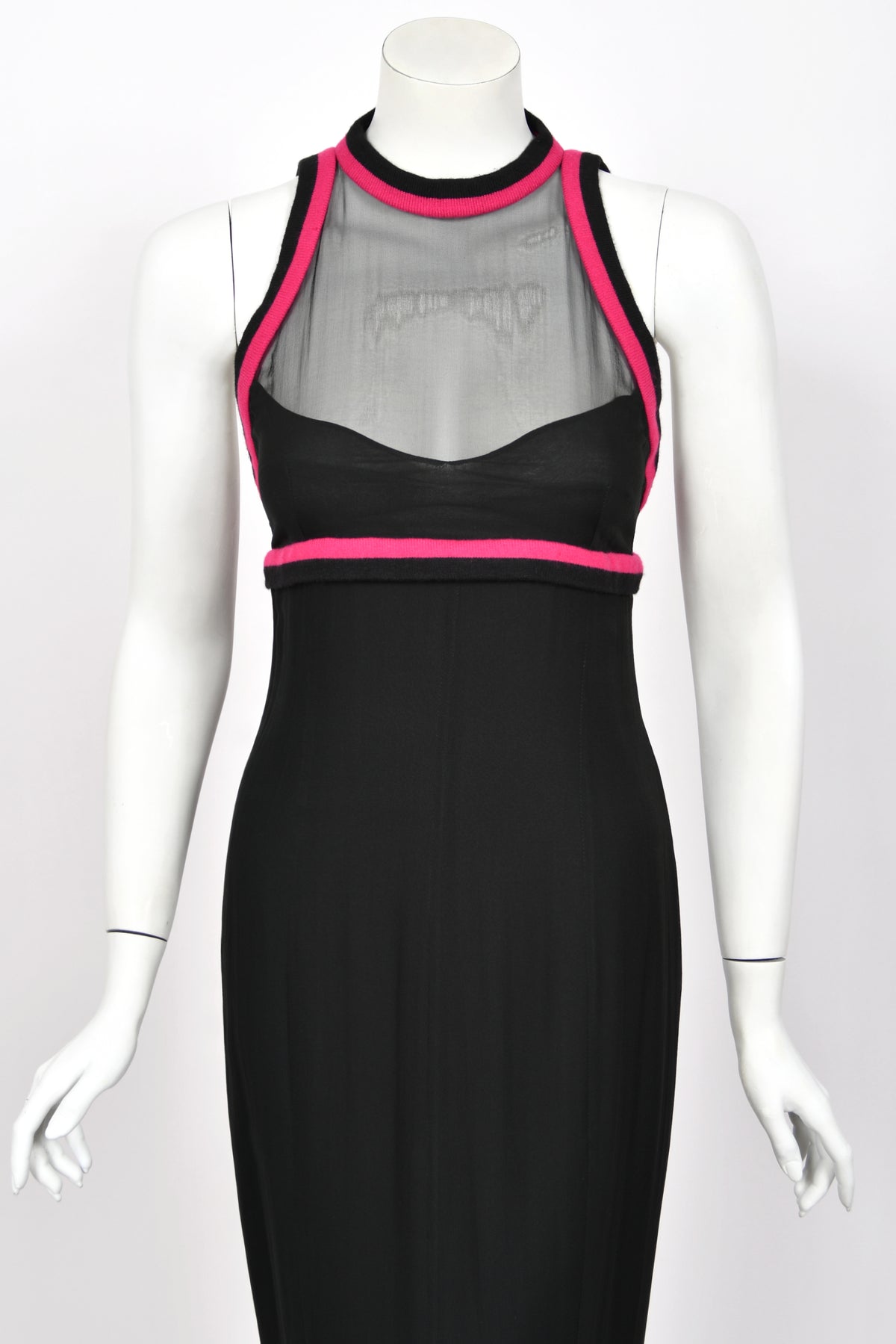 1994 Chanel by Karl Lagerfeld Black Sheer Silk Chiffon Pink Cashmere Trimmed Maxi Dress w/ Shawl