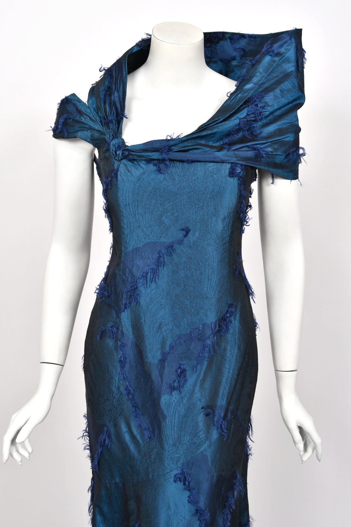 1999 Christian Dior by John Galliano Sapphire Blue Eyelash Silk Backless Bias-Cut Gown