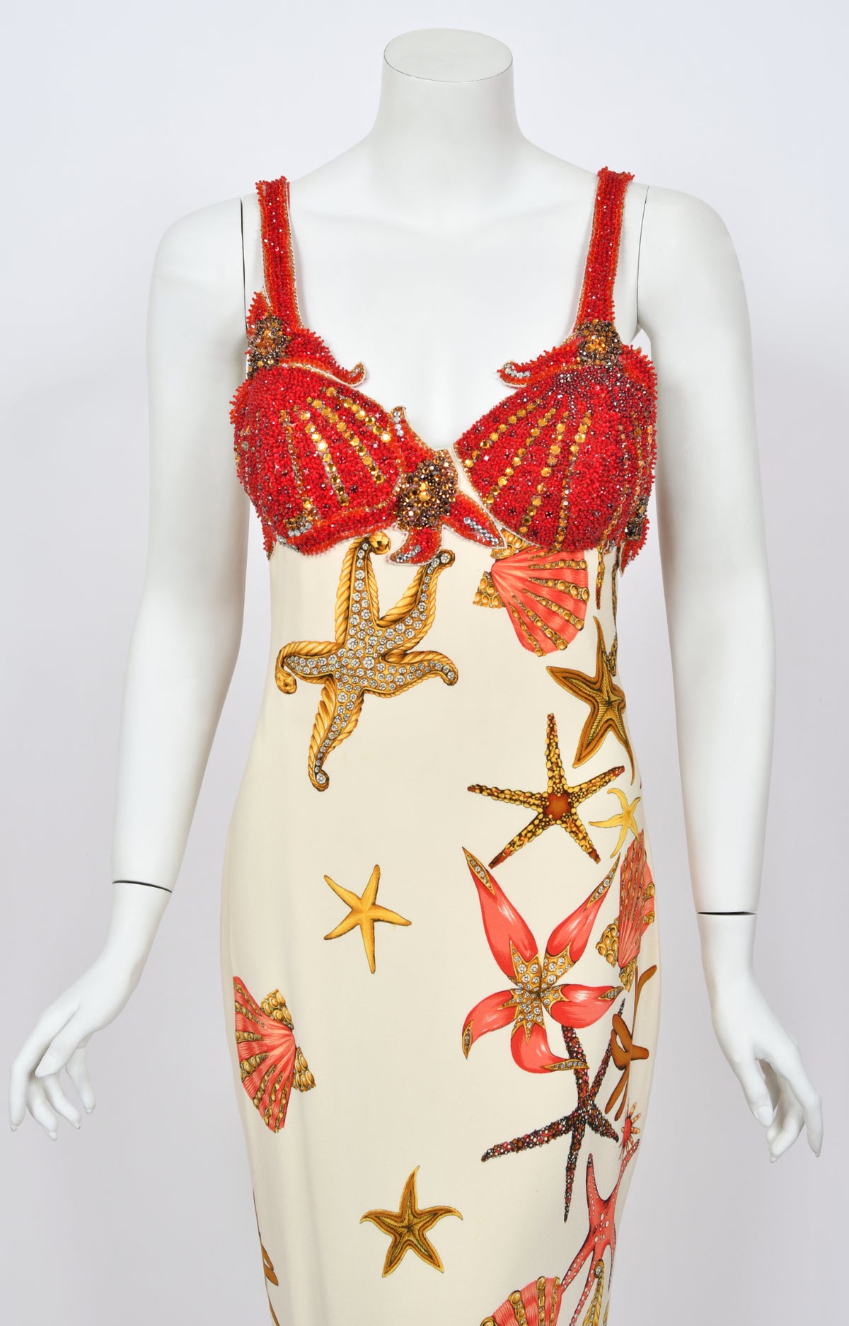 1992 Gianni Versace Iconic Crystal Beaded &#39;Seashell&#39; Print Silk Hourglass Gown