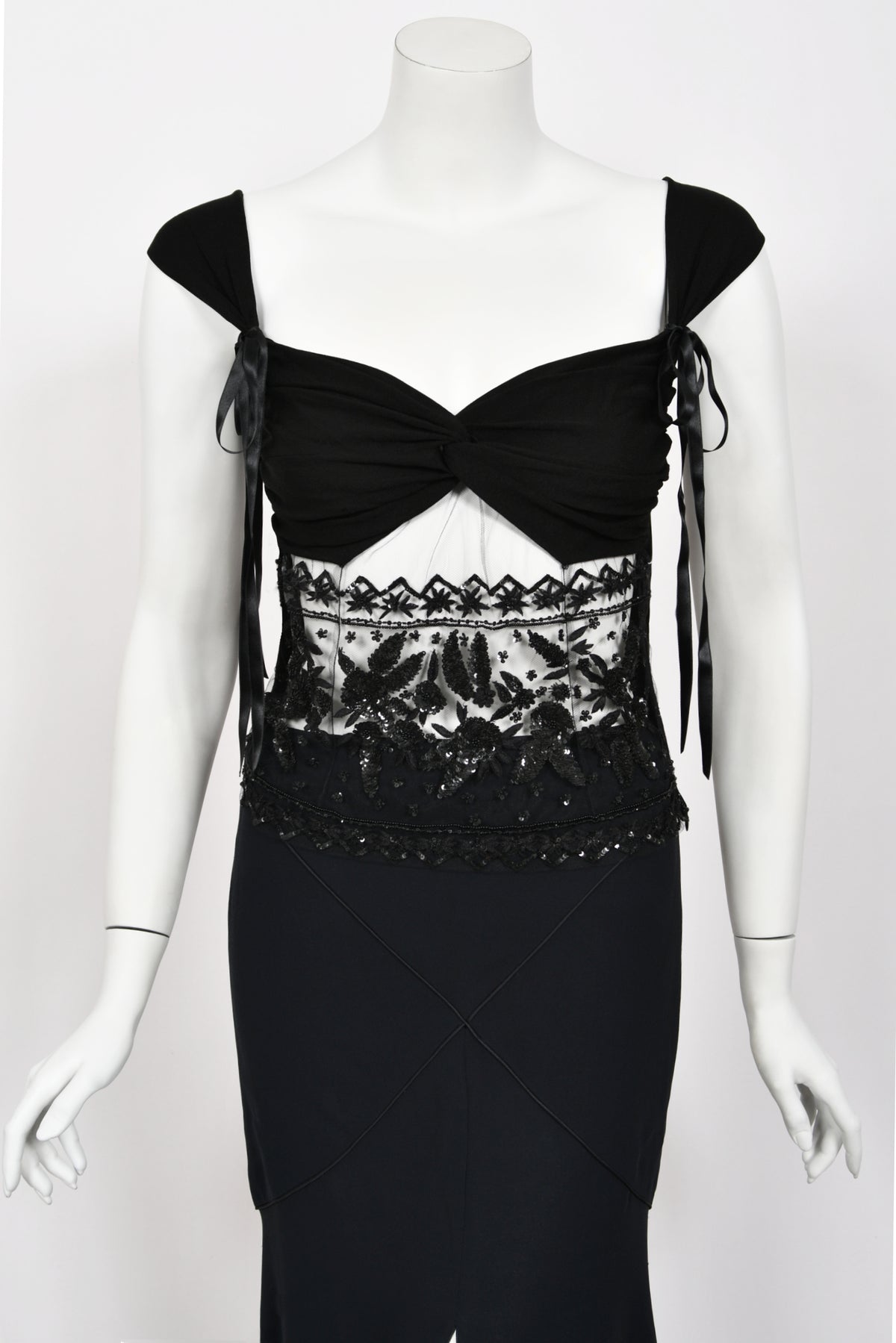 2004 Valentino Runway Black Silk Beaded Sheer Cut-Out Blouse &amp; Bias-Cut Skirt Set