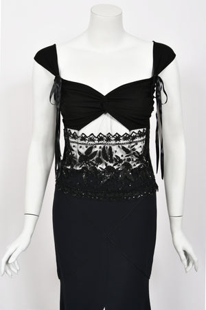 2004 Valentino Runway Black Silk Beaded Sheer Cut-Out Blouse & Bias-Cut Skirt Set