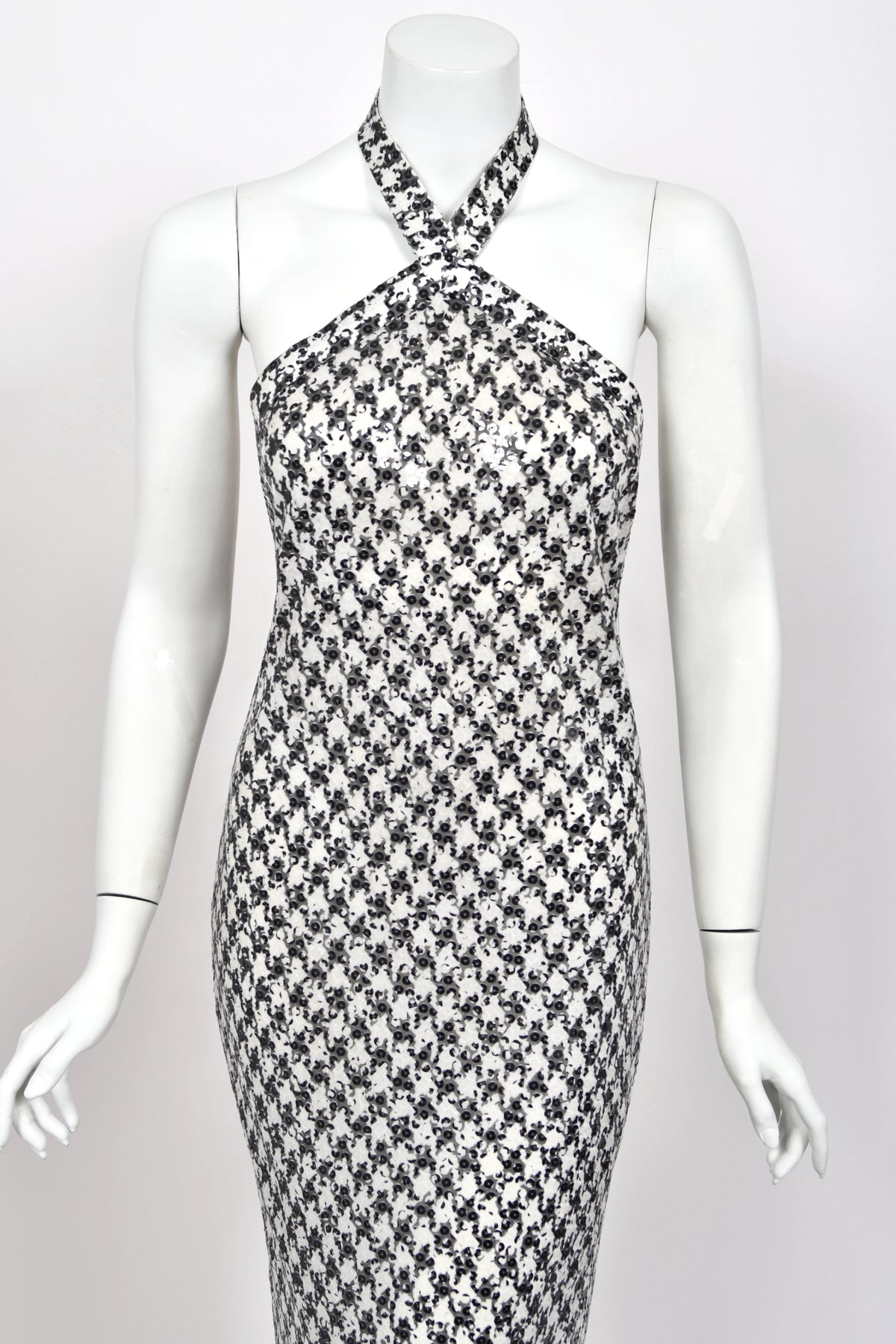 1984 Chanel by Karl Lagerfeld Black & White Sequin Houndstooth Silk Bias-Cut Halter Gown