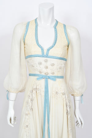 1975 Thea Porter Couture Ivory Silk Embroidered Floral Billow-Sleeve 'Gypsy' Dress