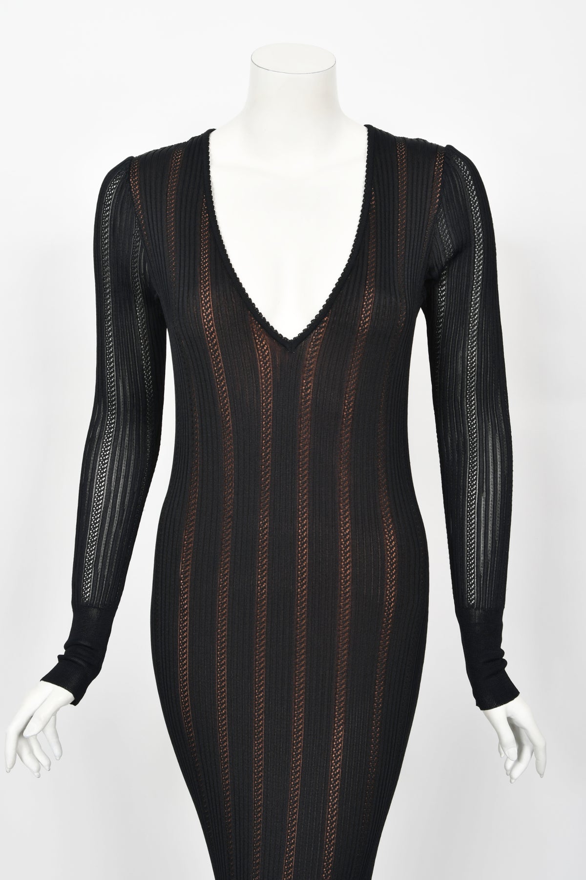 1996 Azzedine Alaia Black Nude-Illusion Knit Bodycon Floor Length Gown