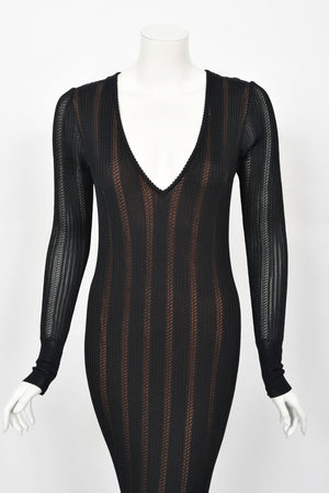 1996 Azzedine Alaia Black Nude-Illusion Knit Bodycon Floor Length Gown