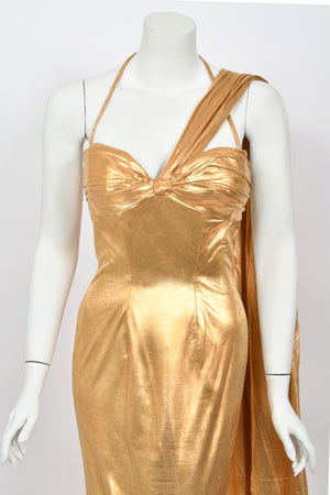 1950's Yma Sumac Custom Couture Old Hollywood Metallic Gold Hourglass Trained Dress