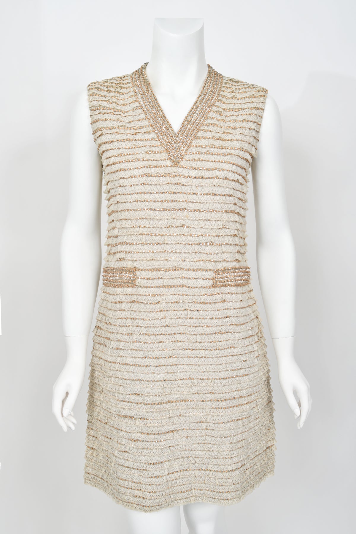 1965 Valentino Haute Couture Museum-Held Beaded Lamé Ivory Lace Mod Shift Dress