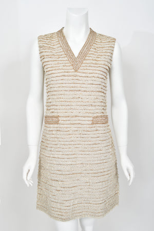 1965 Valentino Haute Couture Museum-Held Beaded Lamé Ivory Lace Mod Shift Dress