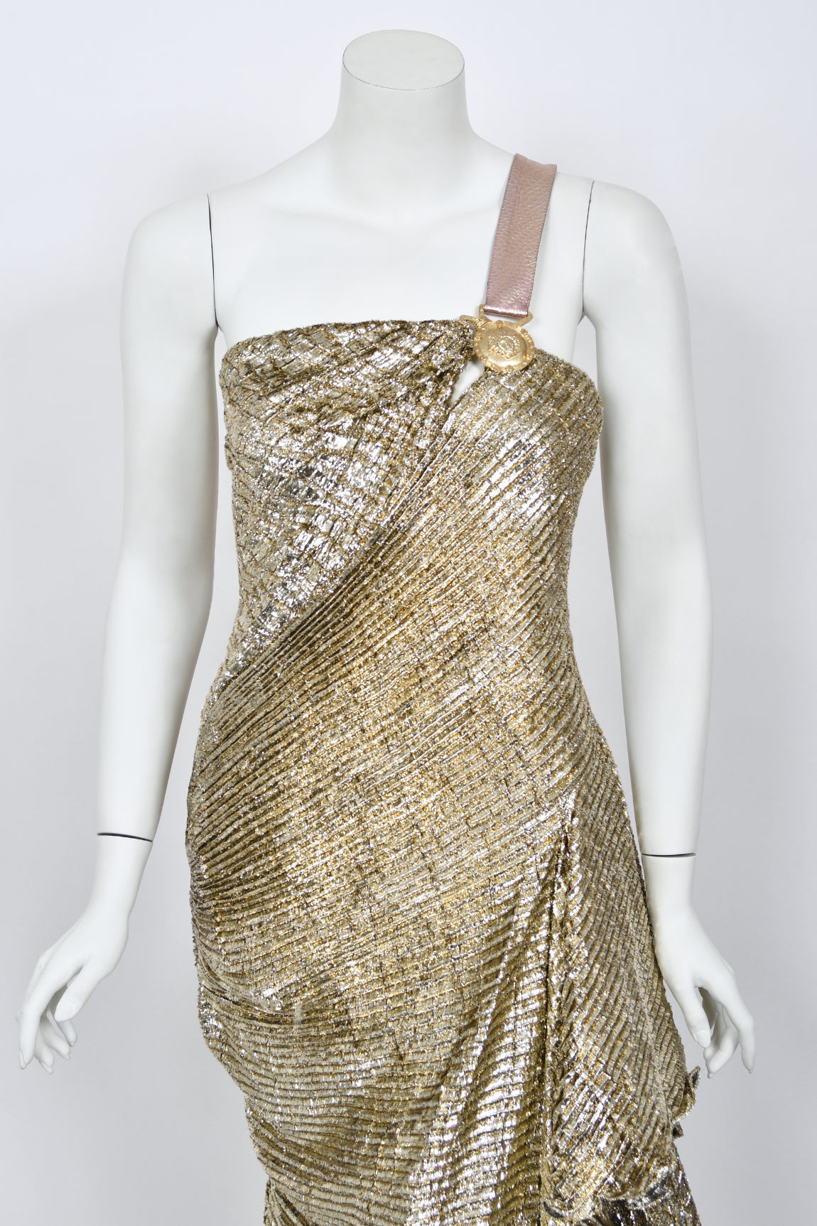 1994 Gianni Versace Couture Runway Metallic Gold Pleated Lamè High-Slit Gown