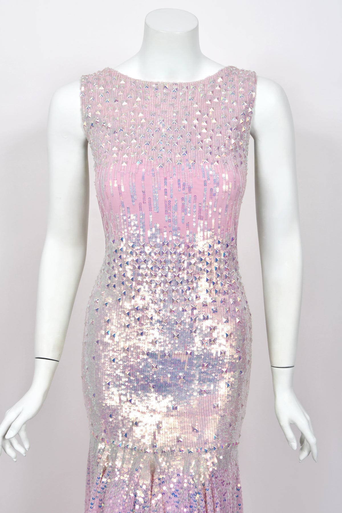 2012 Blumarine Runway Iridescent Lilac Pink Fully Sequin Cut-Out Hourglass Mermaid Gown