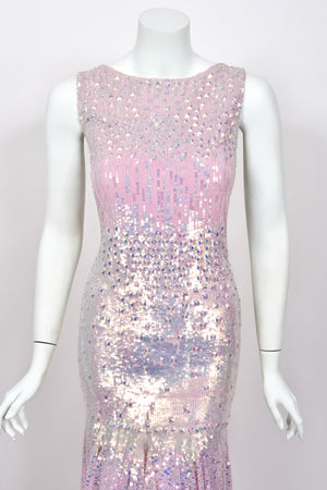 2012 Blumarine Runway Iridescent Lilac Pink Fully Sequin Cut-Out Hourglass Mermaid Gown