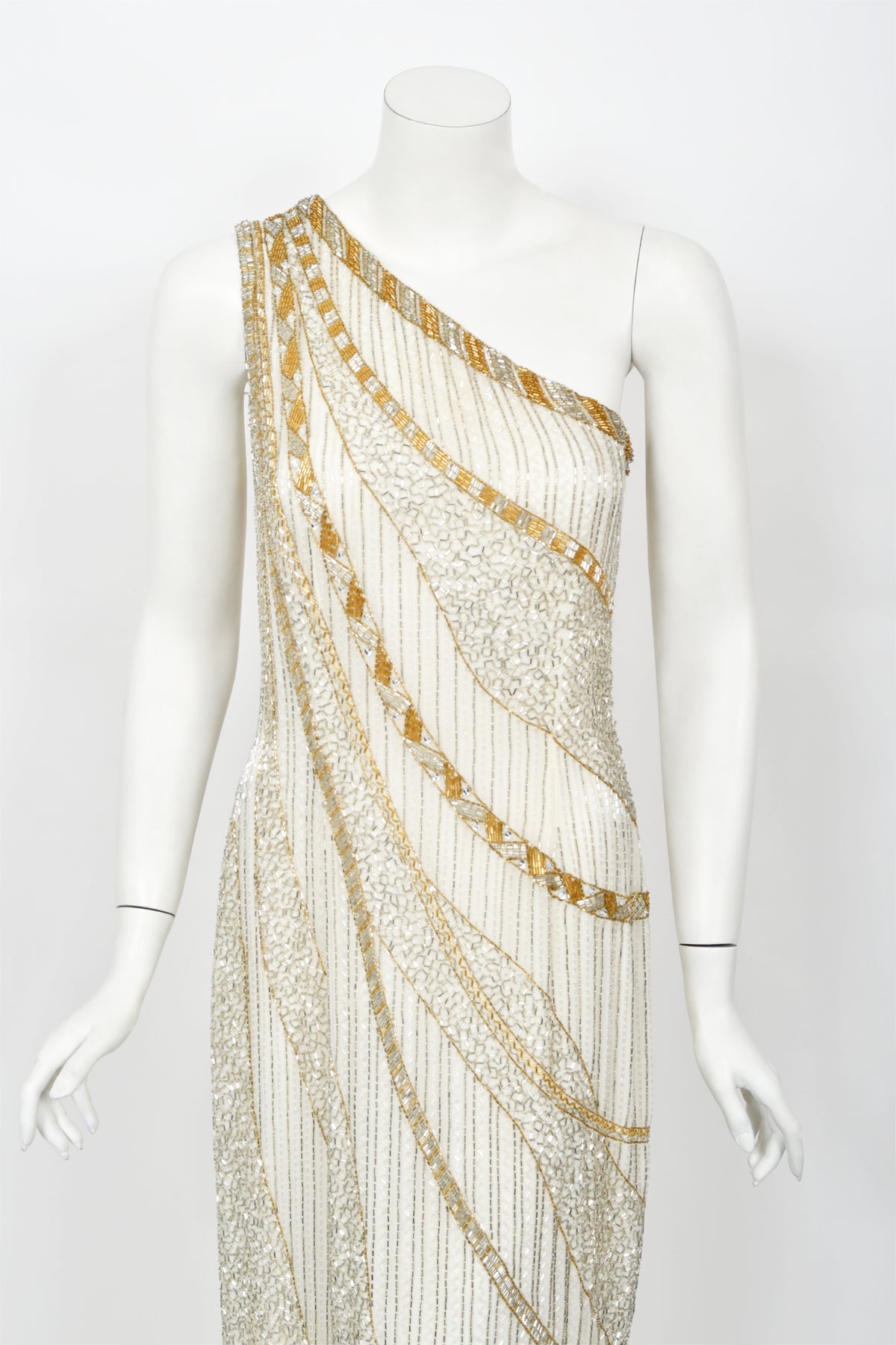 1984 Bob Mackie Couture Ivory Beaded Silk One-Shoulder Goddess Gown