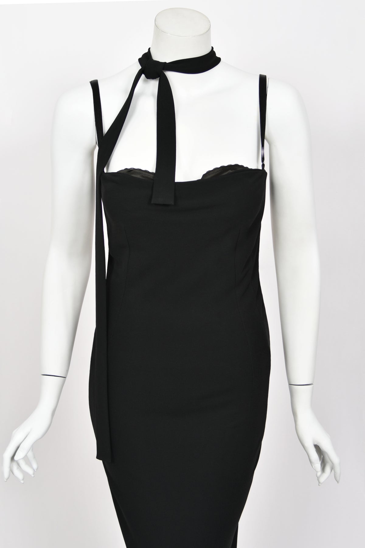2001 Dolce &amp; Gabbana Black Built-In Bra Necktie Straps Backless Gown