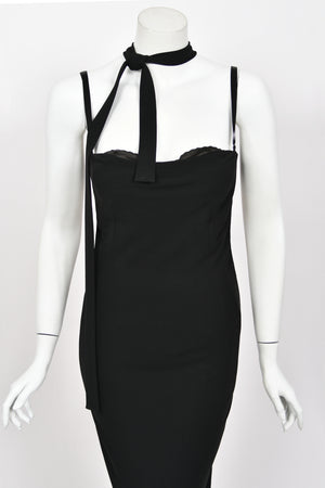 2001 Dolce & Gabbana Black Built-In Bra Necktie Straps Backless Gown