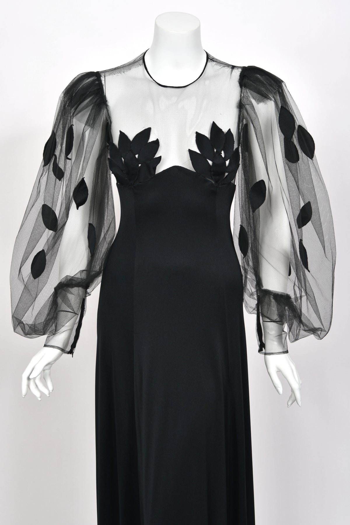 1979 Loris Azzaro Black Silk Jersey Sheer Illusion Petal Motif Billow-Sleeve Gown