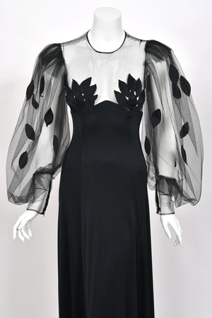 1979 Loris Azzaro Black Silk Jersey Sheer Illusion Petal Motif Billow-Sleeve Gown