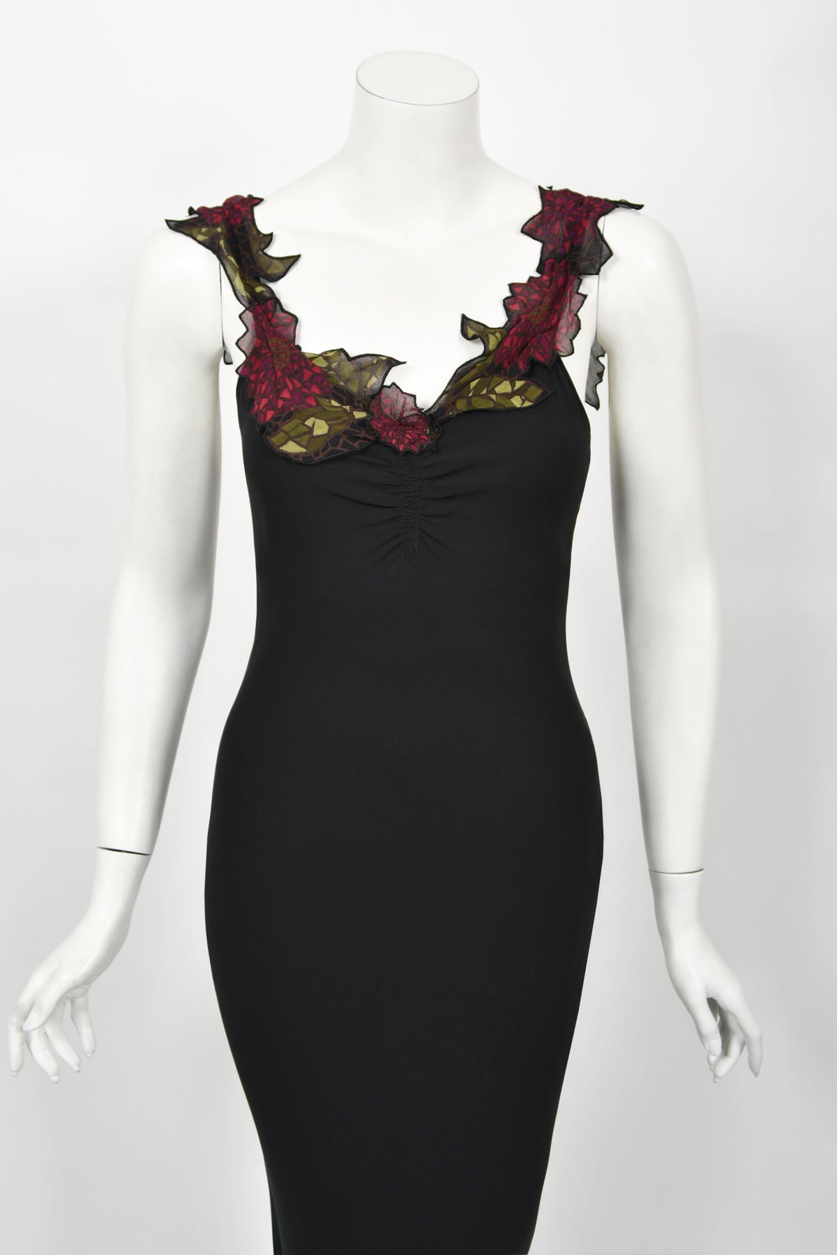 2001 John Galliano Red Chrysanthemum Floral Appliqué Black Silk Chiffon Bias-Cut Gown