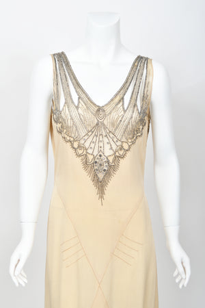 1930's French Ivory Creme Silk Beaded Sheer Illusion Deco Bias-Cut Bridal Gown