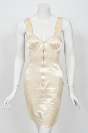 1988 Jean Paul Gaultier Cream Stretch Satin Cone Bra Bustier Corset Mini Dress