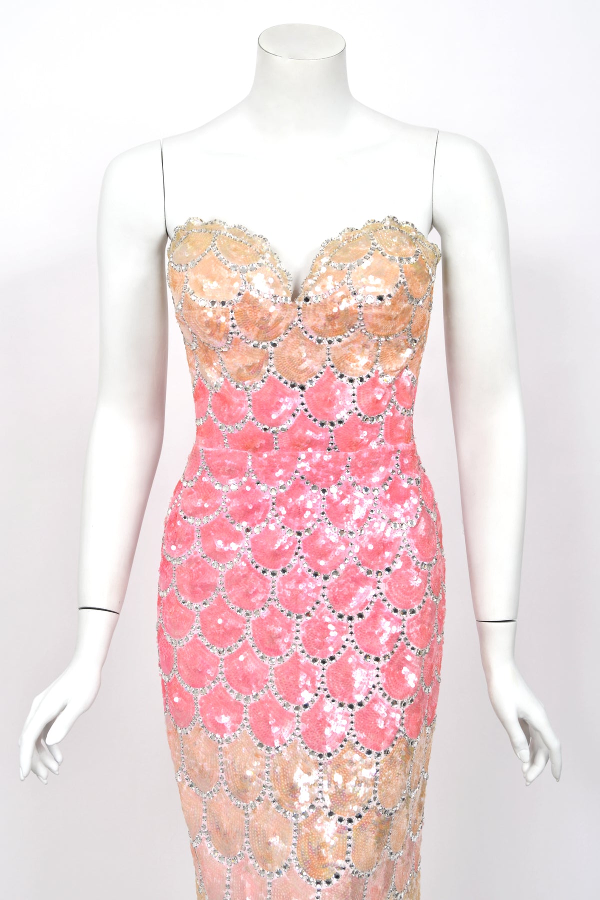 1950's Custom Couture Fully Sequin Pink Ombré Rhinestone Hourglass Gown w/ Gloves