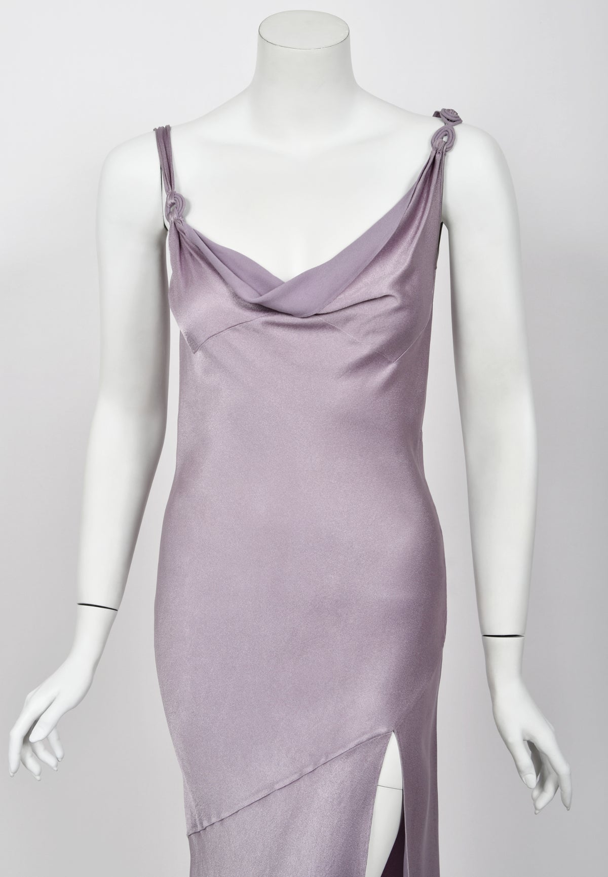 2000 John Galliano Lilac Satin Asymmetric Draped High Slit Bias-Cut Slip Dress