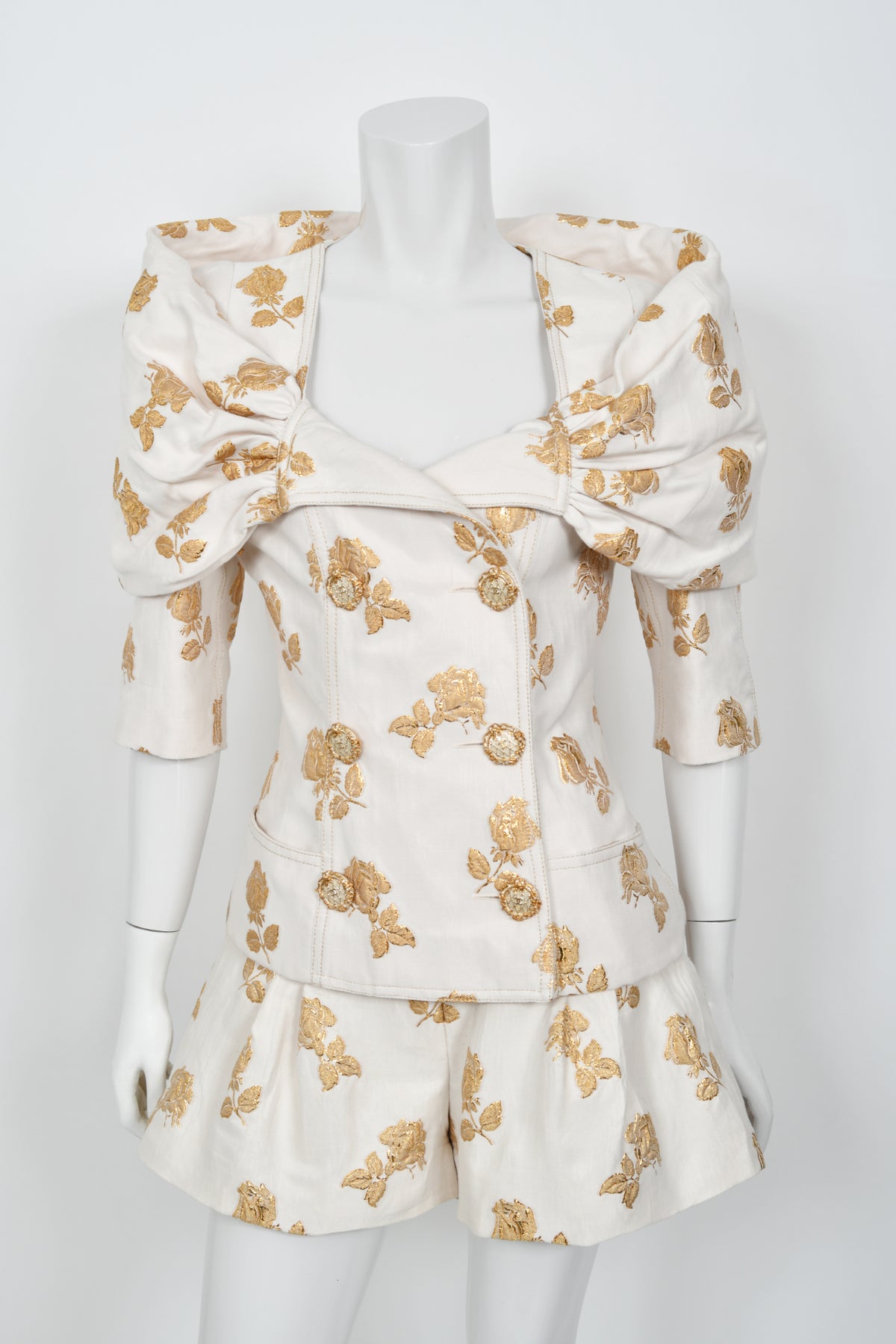 2013 Chanel by Karl Lagerfeld Documented Metallic Gold &amp; Ivory Silk Brocade Jacket w/ Shorts