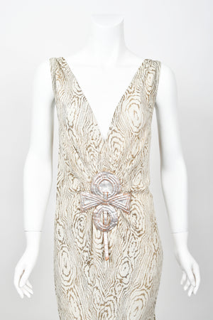 1930's Metallic Wood-Patterned Lamé Deco Appliqué Bias-Cut Trained Bridal Gown