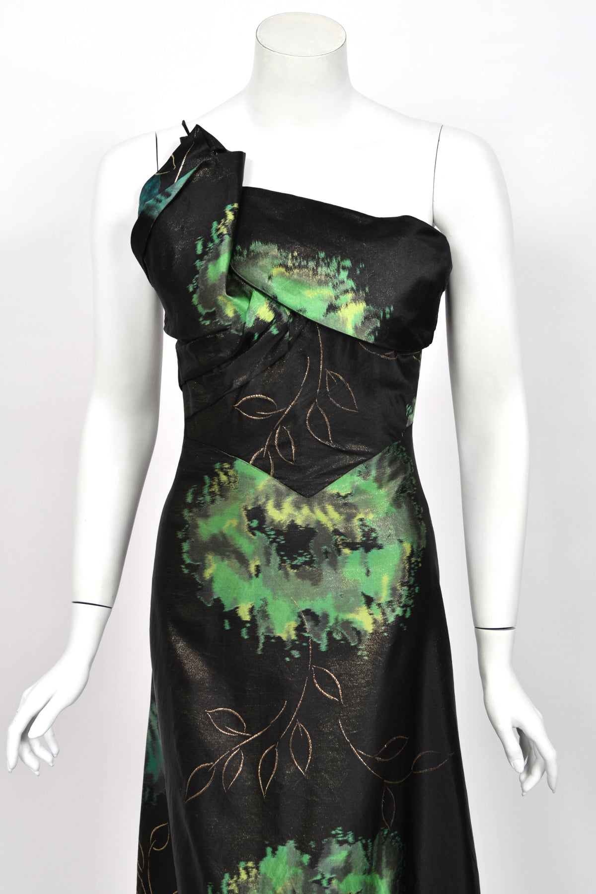 1950 Irene Lentz Couture Metallic Green & Black Floral Silk Sculpted Bustier High-Low Gown