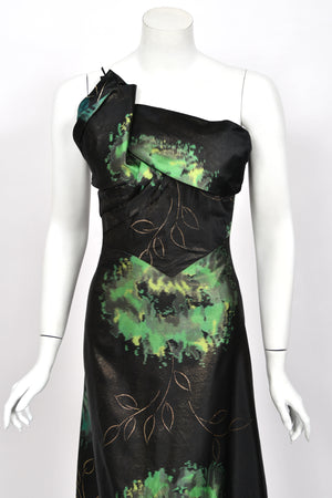 1950 Irene Lentz Couture Metallic Green & Black Floral Silk Sculpted Bustier High-Low Gown