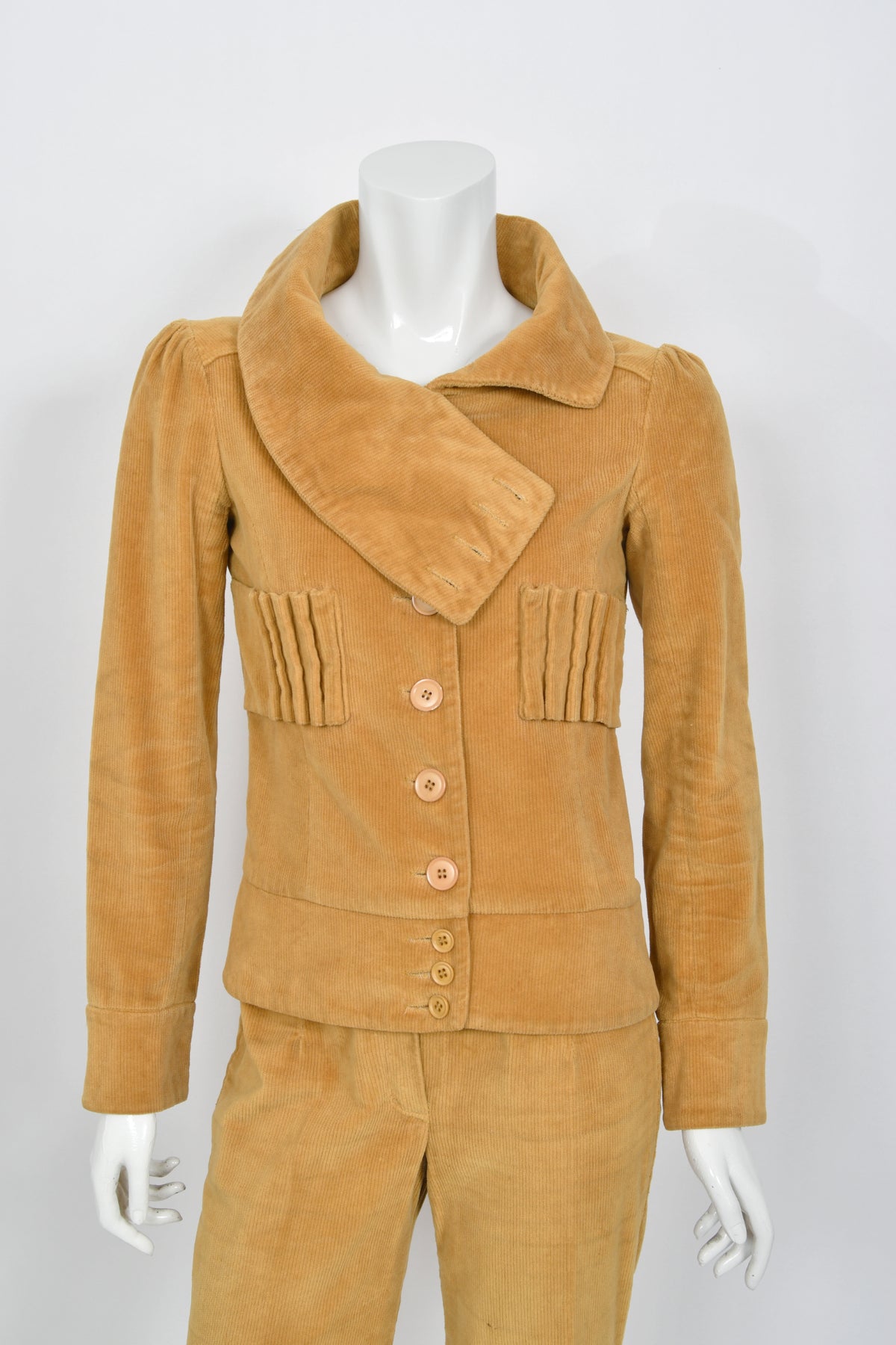 1968 Biba Documented Marigold Corduroy Funnel-Collar Jacket Pants Suit