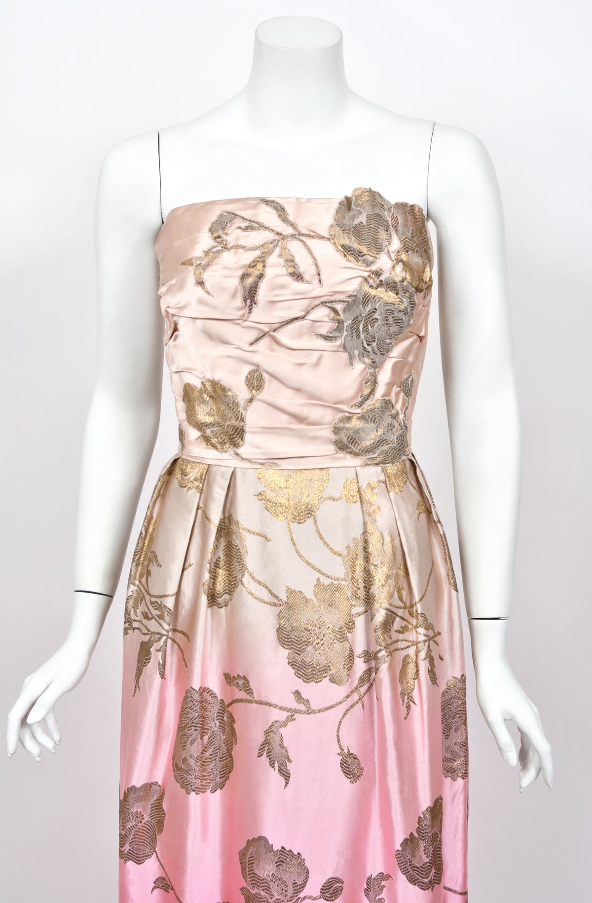 1950’s Philip Hulitar Couture Metallic Floral Ombré Pink Silk Satin Appliquéd Strapless Gown