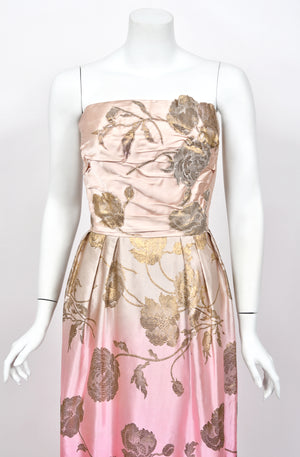 1950’s Philip Hulitar Couture Metallic Floral Ombré Pink Silk Satin Appliquéd Strapless Gown