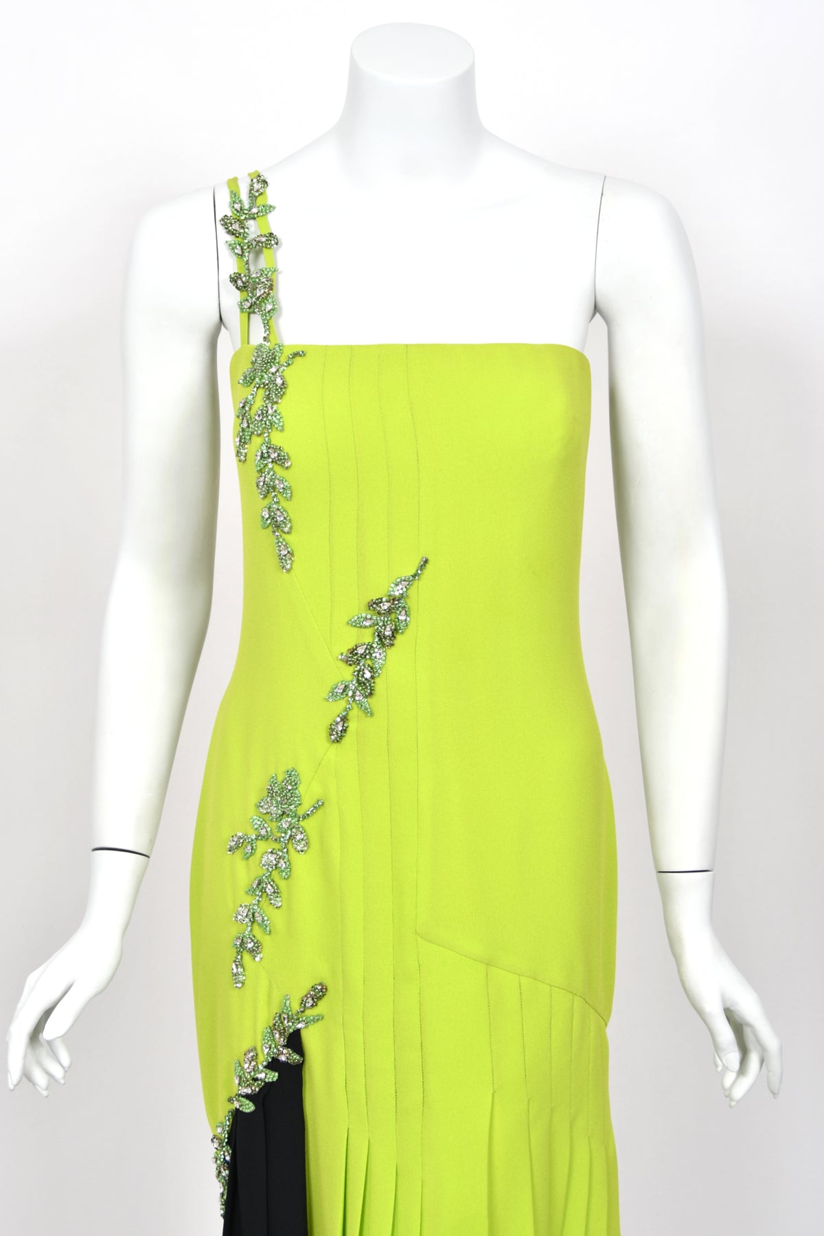 1997 Gianni Versace Lifetime Runway Lime Green & Black Embellished Silk High-Low Dress