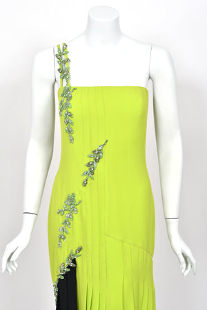 1997 Gianni Versace Lifetime Runway Lime Green & Black Embellished Silk High-Low Dress